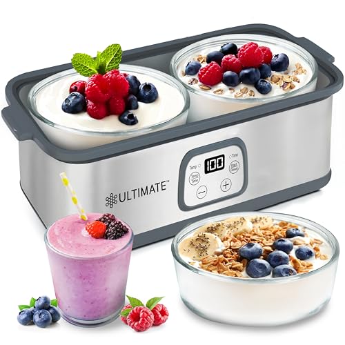 Ultimate Fabricante de yogur probiótico con control de tiempo y temperatura ajustable. Haz billones de probióticos vivos con dos recipientes de 1 cuarto para lotes más grandes. La mejor máquina de