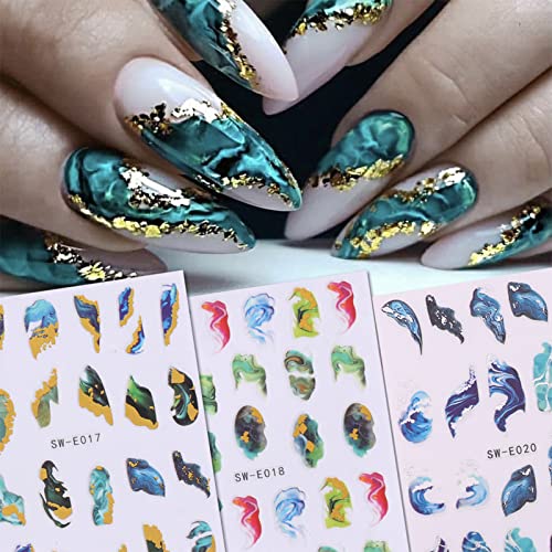 6 Sheets Nail Art Stickers Marble Wave Lines Nail Decals Aurora Stripe Line Nail Stickers Gradient Colorful Ribbon Nail Art Supplies 3D Self Adhesive Nail Accessories For Women French Nail Design #TOP1