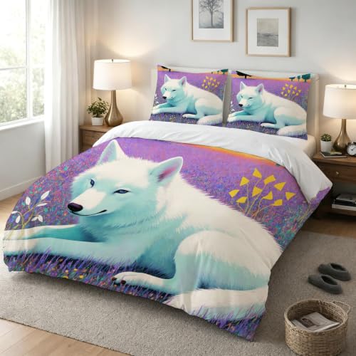 Parure de lit 160x200 facile à fermer microfibre renard blanc 2 pers