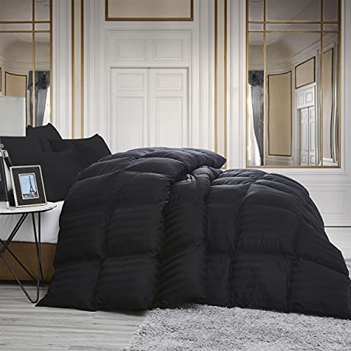 Luxurious Down Fiber and Waterfowl Feather Fiber Comforter Duvet Insert, 100% Cotton Cover, Black Stripe (King, Black)