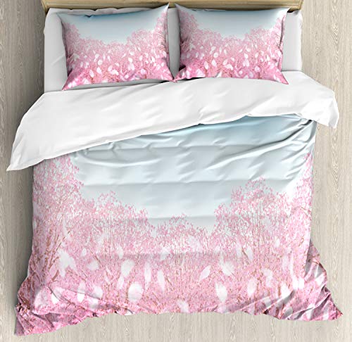 ABAKUHAUS Azul y Rosa Funda Nórdica, Ver la Flor de Cerezo, Estampado Lavable 3 Piezas con 2 Fundas de Almohada, 200 x 200 cm   70 x 50 cm, Bebé de Color Rosa pálido Azul