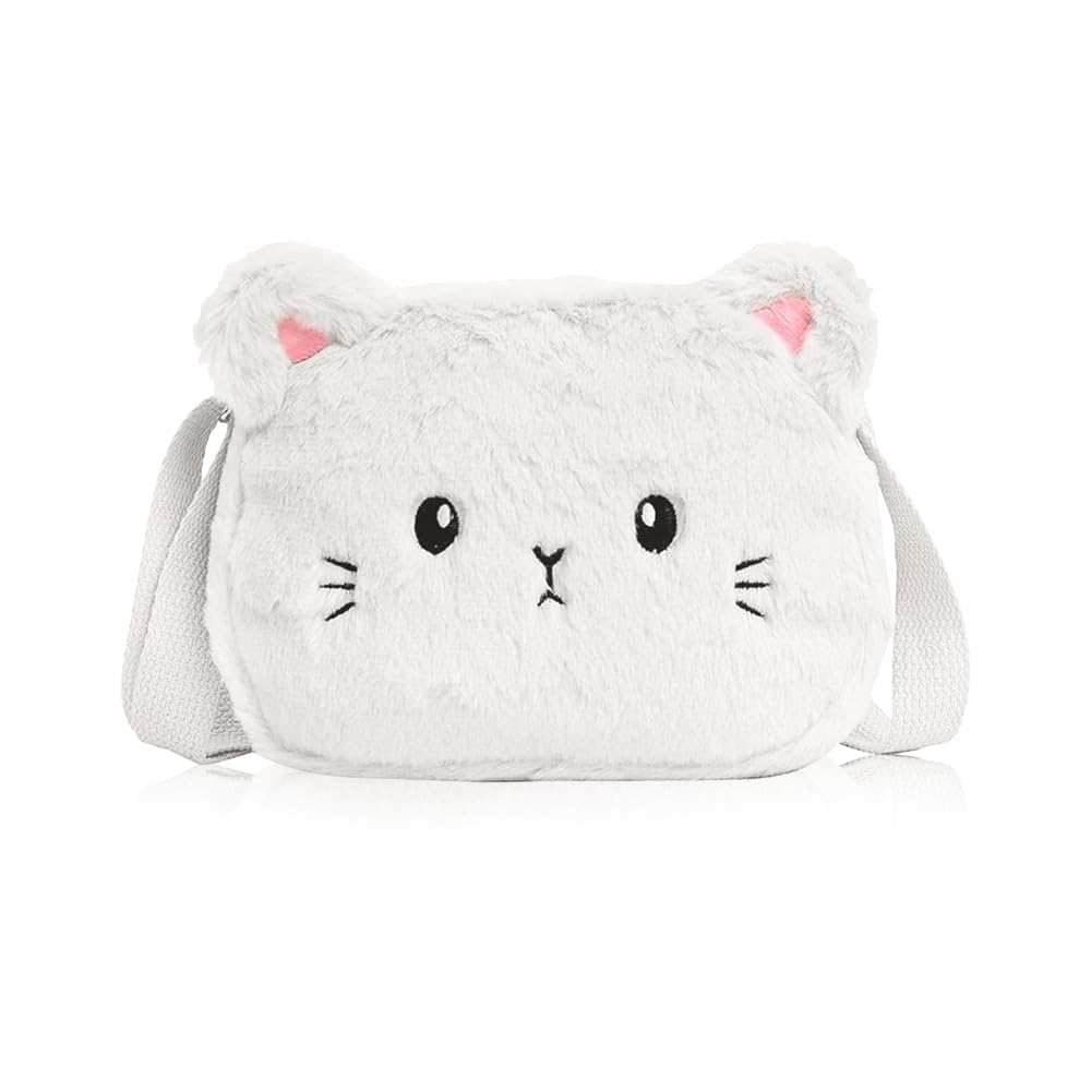 Aoreun Kinder Umhängetasche Mädchen, Verstellbare Umhängetasche Katze Plüsch Kindertasche Mädchen Handtasche, Kinder umhängetasche mädchen Handtasche, Kleine Schultertasche Geldbeutel - Weiß