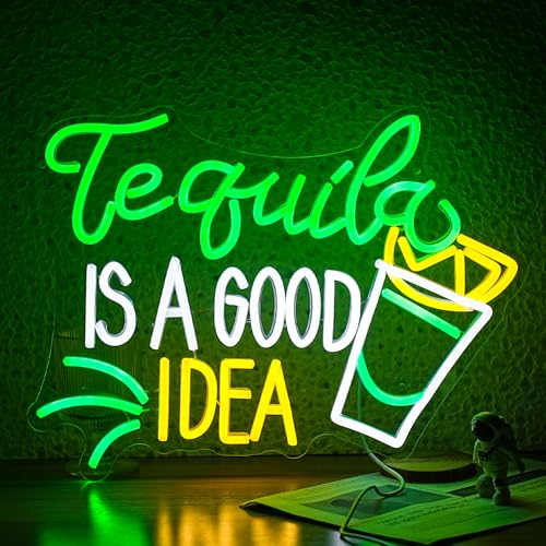 Image of Tequila Is A good Idea Neon Sign LED Tequila Light Up Sign for Wall Decor Dimmable USB Tequila Neon Light Signs for Beer Bar Home Party Music Festival Man Cave Restaurant