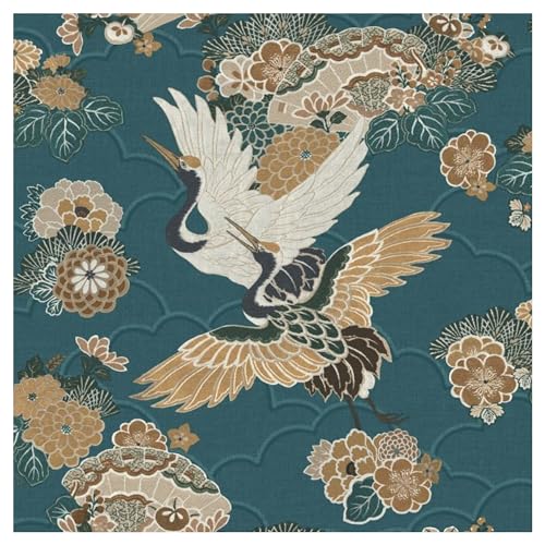 Image of Akari Kyoto Cranes Floral Wallpaper Teal Rasch 282770