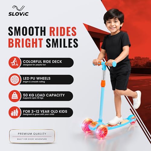 Image of Slovic Kick Scooter for Kids 3+ Years with Adjustable Handle Height | 3 Wheels Kids Scooter Toys with LED Wheels | Foldable Kick Cycle | Birthday Gift for Kids | 50 KG Weight Capacity | BIS Approved