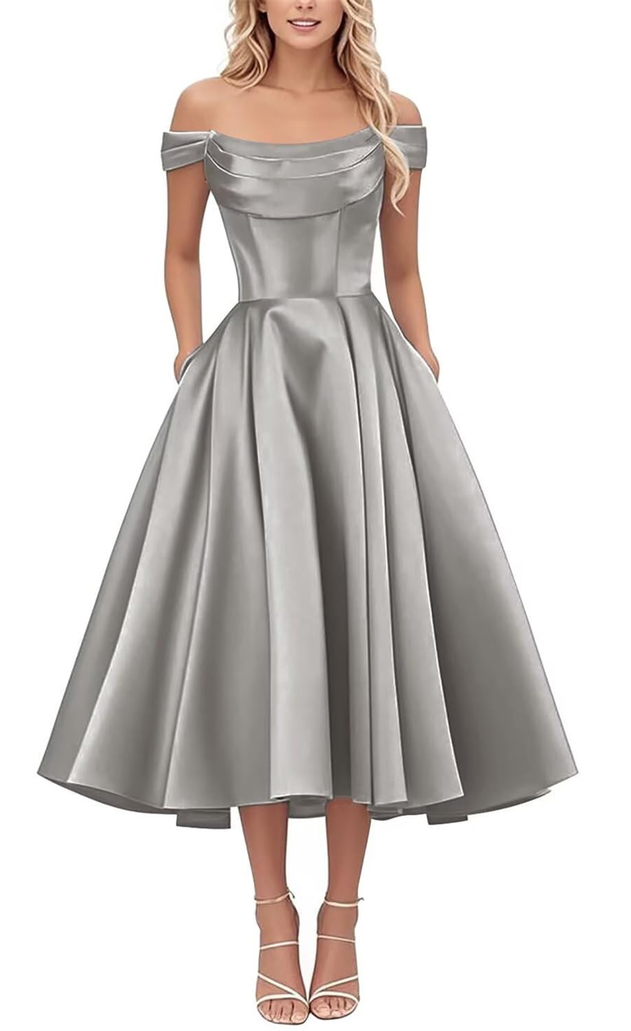 KIYNE Silver Satin Prom Dresses for Teens A Line Ball Gown Tea Length Off Shoulder Homecoming Dress Plus Size UK22