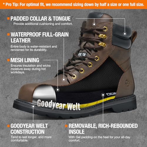 NINGO Steel Toe Work Boots for Men, Waterproof Comfortable Leather Industrial & Construction Boots, Oil & Slip Resistance Safety Shoes with EH Protection, for Outdoor Factories Warehouses Farms2