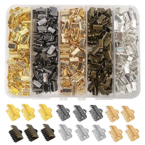 TOAOB 500pcs Iron Ribbon Ends 10mm Bracelet Bookmark Pinch Crimp Clamp 5 Colors Cord End Fastener Clasps for Leather Jewelry Making