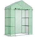 Outsunny 5' x 2.5' x 6.5' Mini Walk-in Greenhouse Kit, Portable Green House with 3 Tier Shleves, Roll-Up Door, and Weatherized PE Cover for Backyard Garden, Green