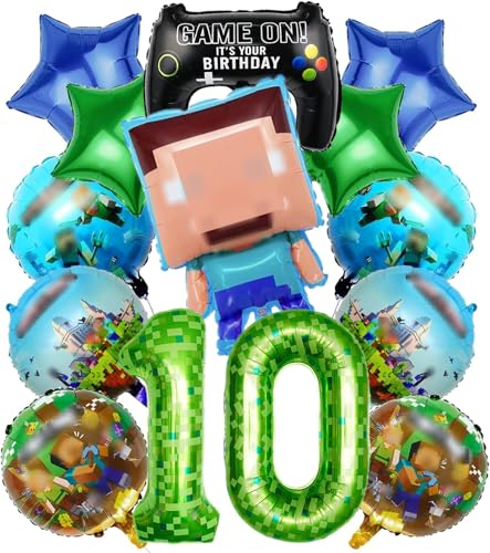 Jogo de decoração de aniversário número 10 - pacote de 13 balões de pixeis para crianças, Minecraft Gamer - Bolsa de aniversário para jogadores de minecraft e balões e decoração para festas