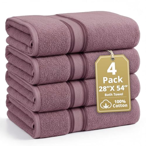 Image of LANE LINEN 100% Cotton Large Bath Towels Set of 4 (28 inchx54 inch) - Zero Twist, Mercerized Cotton Bathroom Towel 4 Pack - Quick Dry, Soft & Absorbent Large Towels Set - Oeko Tex Certified - Wishful Mauve