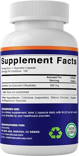 Miniatura 9 de Vitamatic Paquete de 3 quercetina de 500 mg, 120 cápsulas vegetarianas (sin OMG, sin gluten, vegano) - Apoya la salud cardiovascular