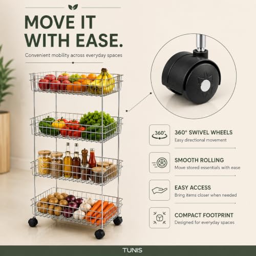 Image of TUNIS 4 Tier Stainless Steel Wire Storage Basket Trolley |Fruit & Vegetable Trolley with 360 Moving Wheels| Rack for Kitchen, Fruits, Vegetables & Grocery Storage, Movable Organizer Cart