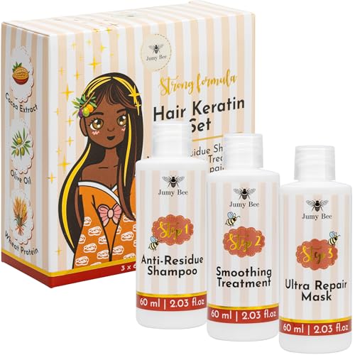 Brazilian Keratin Treatment Kit - Jumy Bee 3 Steps 2.03 fl oz | Formaldehyde-Free At Home Hair Straightening & Smoothing System |Keratina para Alisar el Pelo | Anti-Frizz Repair Mask & Shampoo