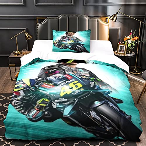 Bettbezug MotoGP Valentino Rossi 46 3D-Bettwäsche-Set Chevalier, weiche Mikrofaser, Bettbezug-Set, Bettbezug mit Reißverschluss für Kinder, Teenager, Erwachsene Cover