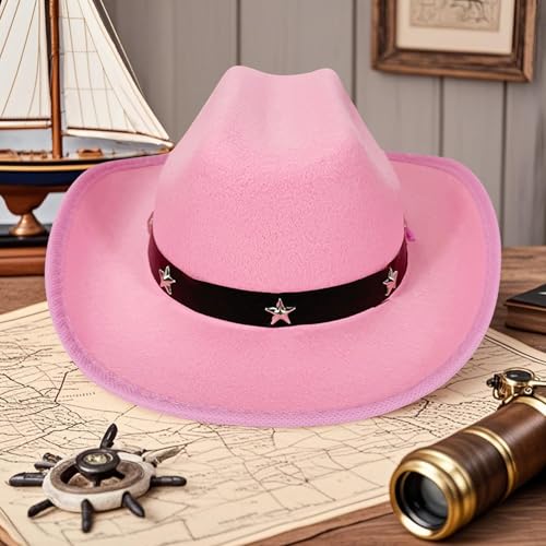 Kids Star Rivet Western Cowgirl Cowboy Hat Windproof Strap Wide Brim Sun Cap Leather Belt Daily Party Rodeo Hats4