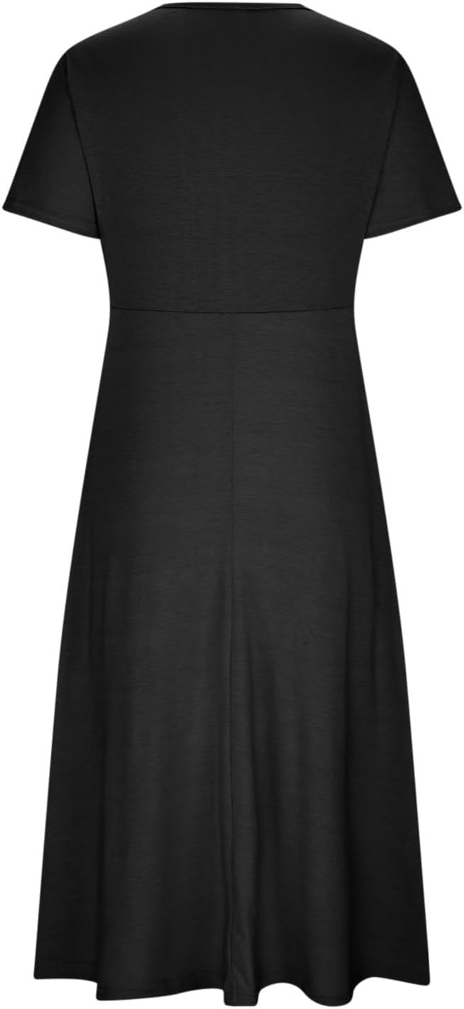 Womens Casual Dresses for Wedding Guest, Criss-Cross Front V Neck Beach Sundress Short Sleeve Maxi Dress with Pocket