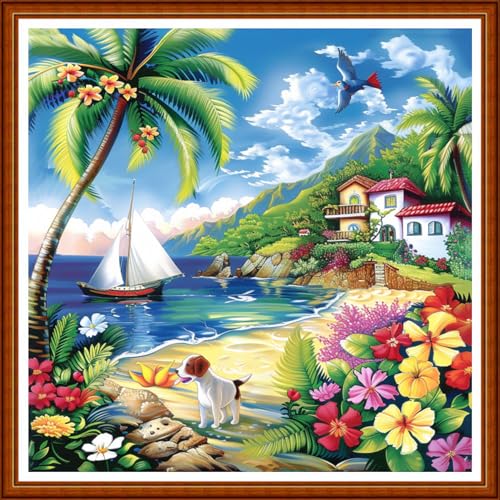 Image of Joyhoor Stamped Cross Stitch Kits for Beginners Needlepoint Kits for Adults Embroidery Kits 11CT Counted Cross Stitch Kits Printed Embroidery Pattern-Seaside Scenery 18x18 inchs