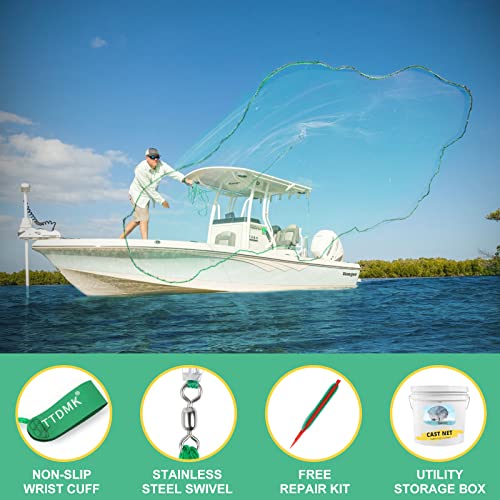 7Ft Cast Nets For Fishing With Storage Bucket, Casting Nets For Bait Fish, Freshwater And Saltwater Fishing Nets, 1.5Lb/Ft Heavy Duty Sinkers Throw Cast Net, Bait Traps, 3/8 Inch Mesh Size - By Ttdmk #TOP4