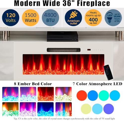 Image of AMERLIFE 70 inch High-Gloss Fireplace TV Stand with 36 inch Electric Fireplace | White LED TV Console, Modern Living Room Entertainment Center, Fits TVs up to 80 inch, 2 Cabinets, 2-Tier Storage Space