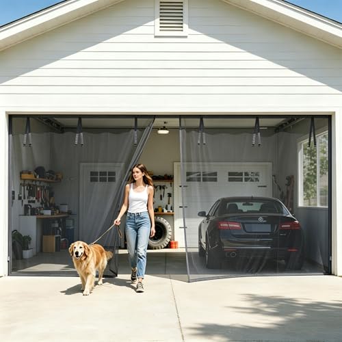 FEGO Grey Garage Door Screen for 1 Car 9x7FT, Magnetic Screen Doors with Retractable Fiberglass Mesh and Heavy Duty Weighted Bottom, Easy Assembly & Pass, Hands Free Screen Door for Entry Door by FEGO - Used condition - US$30.57