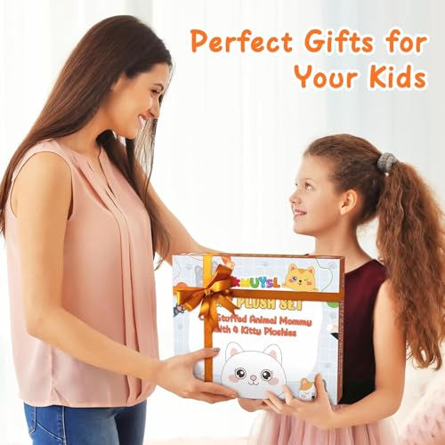 Image of KMUYSL Cat Stuffed Animals Toys for Ages 0 1 2 3 4 5 6 7 8+ Years Old Kids - Mommy Cat with 4 Baby Kitty in Her Tummy, Idea Xmas Birthday Gifts for Baby, Toddler, Girls, Boys