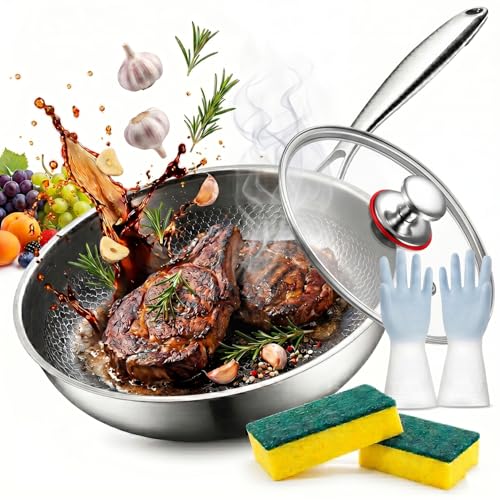 Poêle En Titane, Multi-Tailles 22/24/26/28/30 Cm – Antiadhésive Naturelle Sans Revêtement Chimique, Surface Martelée Chauffe Ultra-Rapide – Compatible Induction, Gaz, Céramique (Avec couvercle,22cm)
