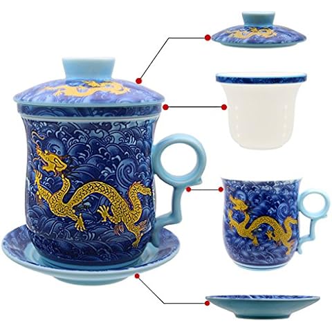 HOLLIHI Porcelain Tea Cup with Lid and Saucer Infuser Sets - Chinese Jingdezhen Ceramics Coffee Mug Teacup Loose Leaf Tea Brewing System for Home Office Cover