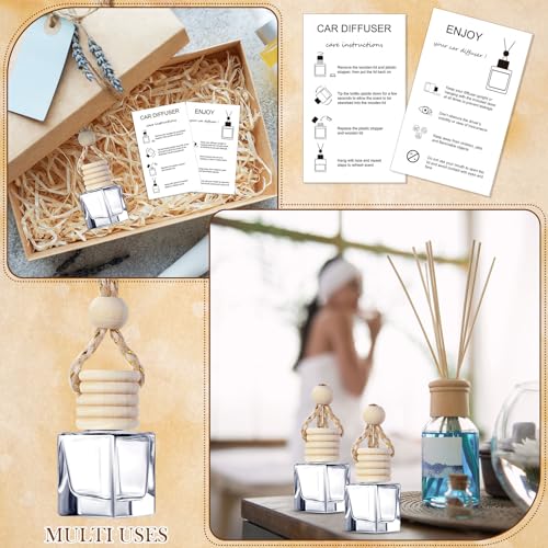 Image of DaisyInner 100 Sets Car Diffuser Bottles Empty Bulk Hanging Car Air Freshener Diffuser Bottles Glass Perfume Holder with Instruction Cards for Essential Oil Wedding Bridal Birthday Gifts (Square)