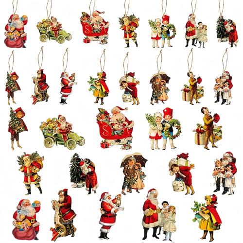 HuYiGGZ 46 Pcs Christmas Crafts Mini Christmas Figures Victorian Style Wood Ornaments Vintage Santa Wood Hanging Signs for Xmas Decor