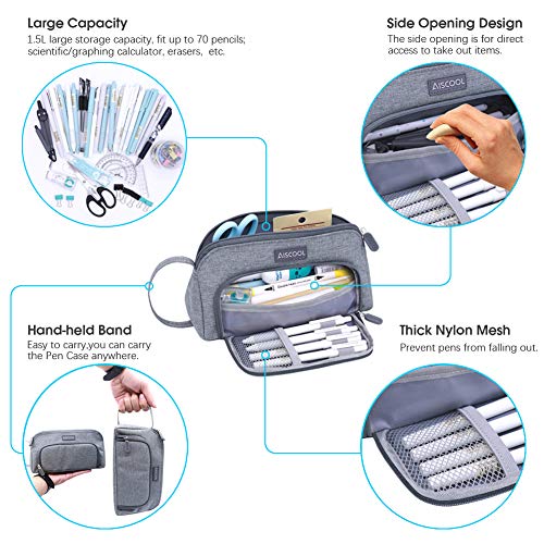 Aiscool Big Capacity Pencil Case Bag Pen Pouch Holder Large Storage Stationery Organizer For School Supplies Office College Teen (Gray, 3.5 X 9 X 5.5 In) #TOP1