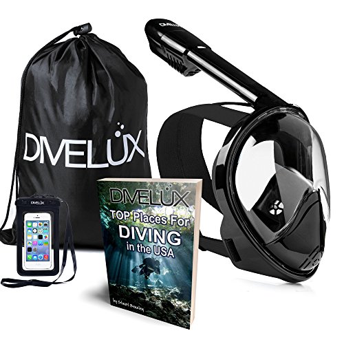 DIVELUX Snorkel Mask - Original Full Face Snorkeling and Diving Mask with 180° Panoramic Viewing - Longer Ventilation Pipe, Watertight, Anti Fog & Anti Leak Technology, (Black, S/M)