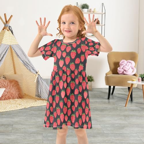 Summer Girl Dresses Strawberry on Black Toddler Short Sleeve A-line Dress Casual Sundress4