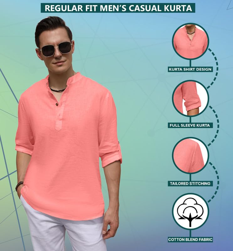 Image of ROYALSCOUT Men's Cotton Blend Casual Short Kurta Shirt with Notch Neck and Button Detail | Full Sleeve Straight Fit Lightweight Ethnic Top for Summer