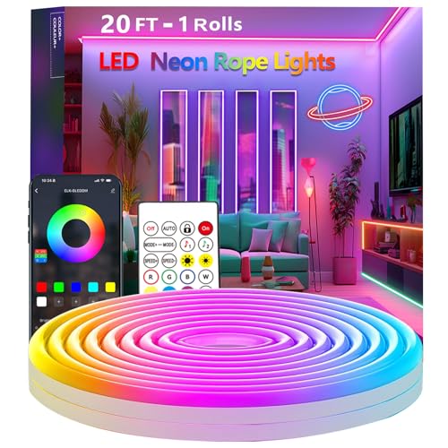 20Ft Neon Rope Lights,Flexible Led Rope Lights Control with App/Remote,Multiple Modes Rope Light,IP65 Outdoor Waterproof,Music Sync Light Strip for Bedroom