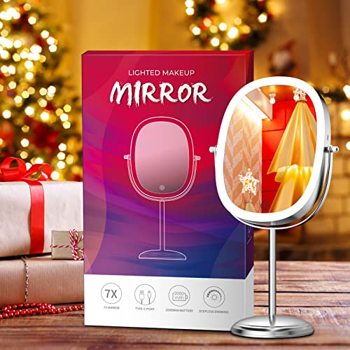 Lovespejo Lighted Makeup Mirror With Magnification, 9'' Vanity Mirror With Lights & 7X Magnifying Mirror, 2000 Mah Rechargeable Cordless Light Up Mirror, Personal Cosmetic Tabletop Mirror, Silver #TOP5