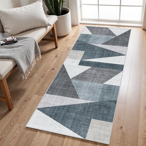 Runner Rug Non Slip Hallway: 2x6 Washable Kitchen Runner Rugs for High Traffic Areas Modern Durable Long Hall Carpet with TPE Backing Easy Clean Bedroom Floor Mat Soft Indoor Entryway Rug Blue/Grey