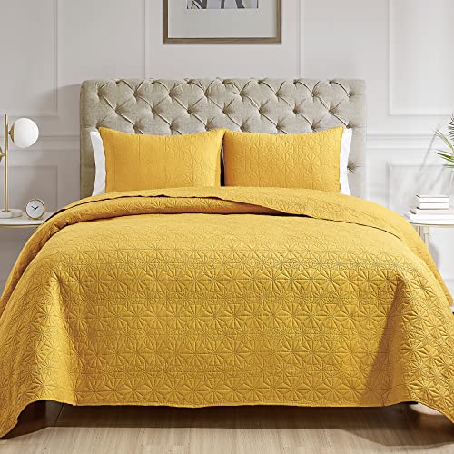 Mocaletto Luxury 3 Piece Queen Size Quilts, Elegant&Reversible Quilt Set Yellow Bedding Set With Pillow Shams, Soft Lightweight Microfiber Bedspread, Queen Size Bedding Coverlet(Yellow,90 * 90) #TOP3