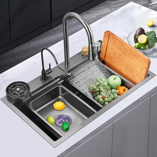 HARDSTONE 30x18x9 Inch Stainless Steel Silver Multifunctional Kitchen Sink with Waterfall Outlet 360° Pull-Down Faucet & Cup Washer& Ro Tap Anti-Scratch Honeycomb Sink