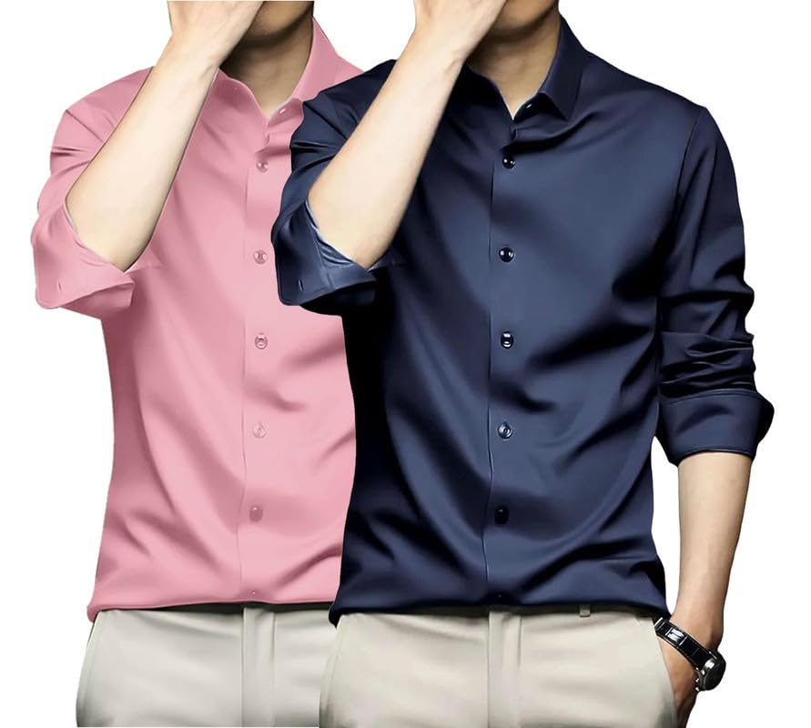 Image of DEELMO Combo of Men's Stylish Solid Satin Casual Shirt for Men Full Sleeves| Poly Satin Silk Shirt Pack of 2