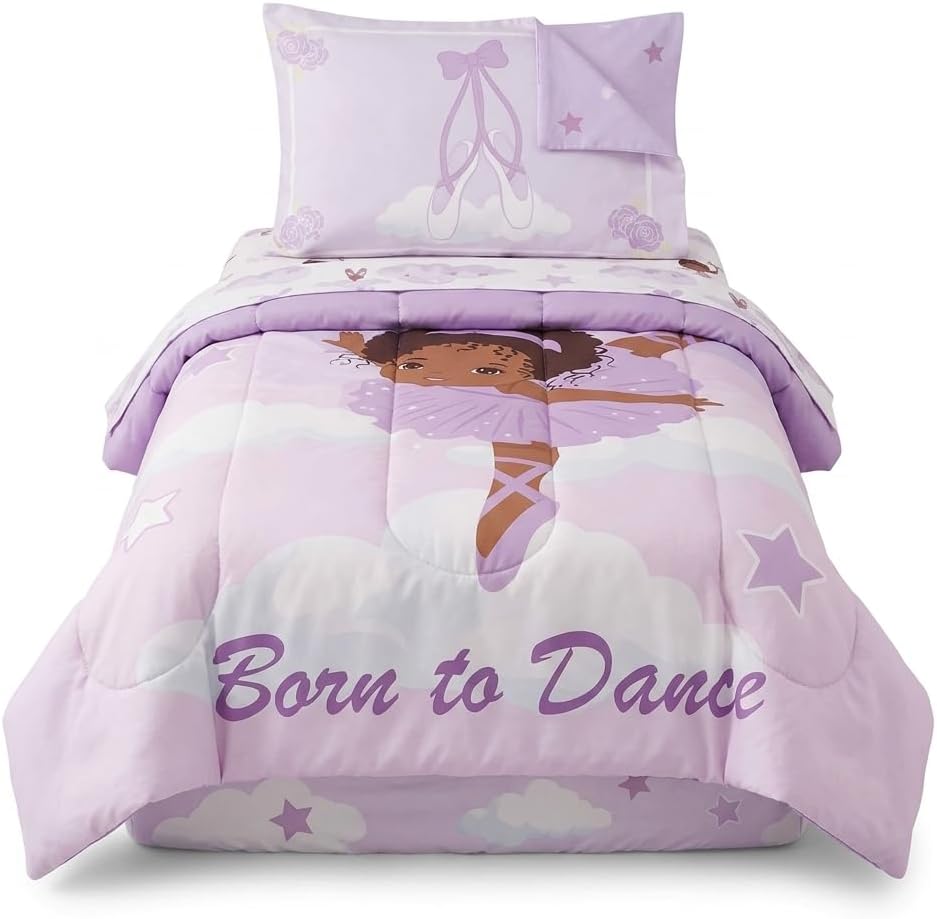 EVERYDAY KIDS 4 Piece Toddler Bedding Set – African American Ballerina - Includes Comforter, Flat Sheet, Fitted Sheet and Reversible Pillowcase – Girls Toddler Bedding