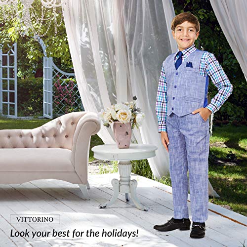 Vittorino Boy's Linen Look 4 Piece Suit Set With Vest Pants Shirt And Tie, Purple/Colorful Plaid, 5 #TOP2
