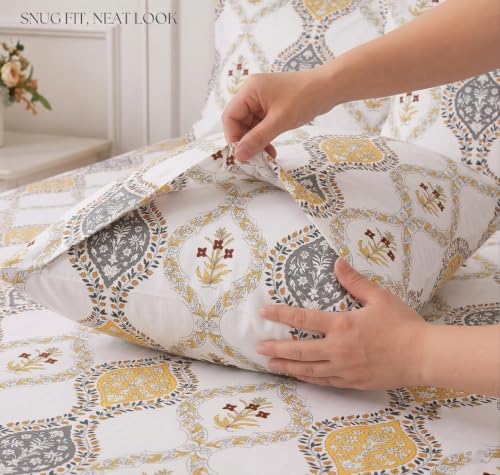 Image of IVAZA 240 TC Soft Ezyption Cotton Floral Print Single Bed Bedsheet - with 1 Pillow Covers, Hypoallergenic, Brethable, (Size- 60 x 90 Inch | Gold White