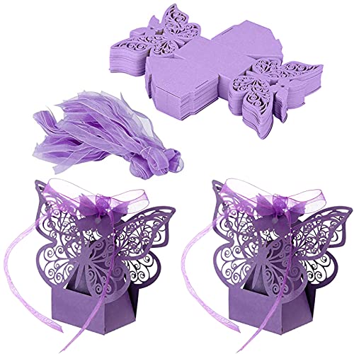 Boîte Cadeau Papillon, 50 Pcs Boîte de Faveur de Mariage, Boîte à Dragées pour Mariage, Boite Papier avec Ruban, Bonbonnière Papier Violet pour Mariage Anniversaire Bapteme Communion Graduation Fête