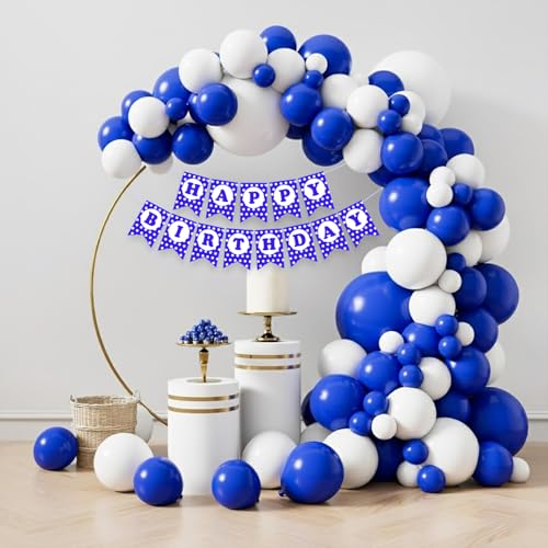 Image of Rozi Decoration Blue and White Balloon Decoration Kit with Happy Birthday Paper Banner, 32 Pieces Party Decor Set for Birthday Celebration, Home and Event Decoration