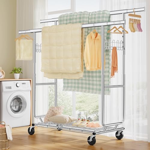 FAVOOSTY Perchero doble resistente,capacidad de 200 kg, extensible y ajustable, perchero con ruedas y estantes bloqueables para dormitorio, sala de estar, color plateado - imagen 8