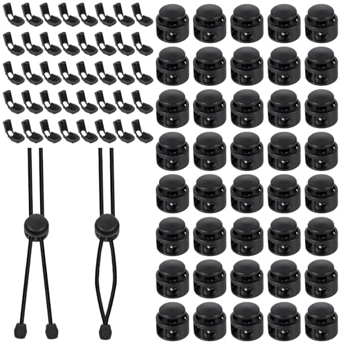 WJIAAA 40 Stück Schwarz Kordelstopper Kunststoff +40 Kordelenden schnürsenkel stopper schnellverschluss mit 2 Loch Doppelloch-Feder-Knebelverschlussclip für Zugband Paracord Taschen Kleidung