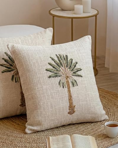 Image of Palm Tree Cotton Jute 3 pcs Cushion Cover Set for Decorative Sofa Throw - 40x40 cm Covers, Beige (3 Cushion Cover, 16x16 Inch)