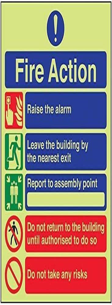 V Safety Glow In The Dark 5 Message Risks Fire Action Notice Sign - 150mm x 200mm - Rigid Plastic