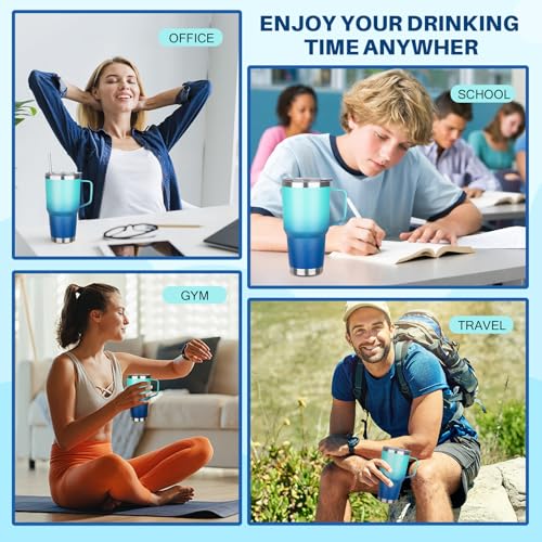 Image of 30 oz Tumbler with Handle, Stainless Steel Insulated Tumbler with Lid and Straw, Double Wall Vacuum Insulated Coffee Mug Tumbler, Insulated Coffee Thermal Cup for Cold and Hot (Light Dark Blue)